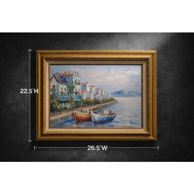 A charming Mediterranean harbor scene featuring colorful fishing boats resting along a sunlit coastal promenade. White...