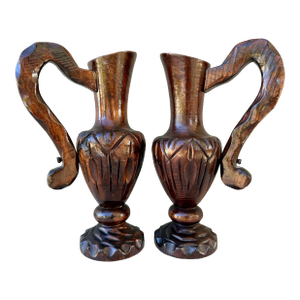 Vintage 1960s Pair of Spanish Hand Carved Dark Wood Pitcher Vases- A Pair