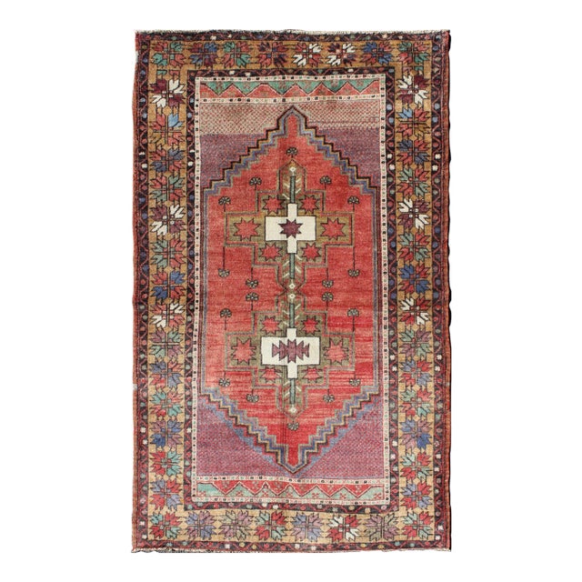 Mid 20th Century Mid 20th Century Vintage Turkish Oushak Rug With Tribal Medallion in Red Green Yellow & Purple For Sale