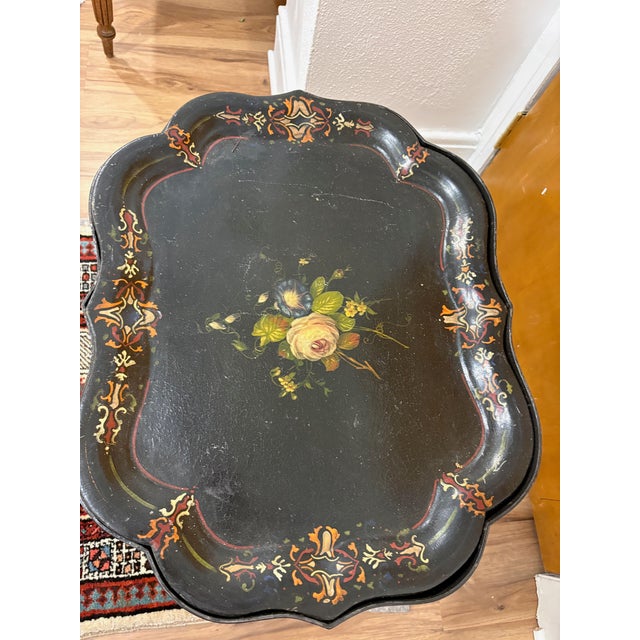 Antique Floral Tole Tray Table For Sale - Image 4 of 6