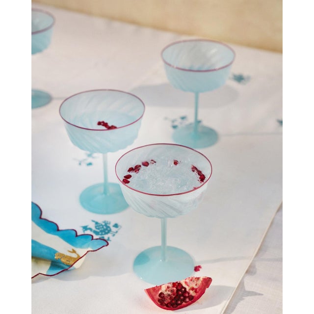 Set of six lovely soft baby blue color coupe cocktail glasses with ripple optic swirl design and red rim. Brand new never...