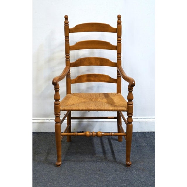 American Ethan Allen Heirloom Nutmeg Maple Colonial Early American Ladderback Dining Arm Chair W. Rush Seat 10-6050a For Sale - Image 3 of 9