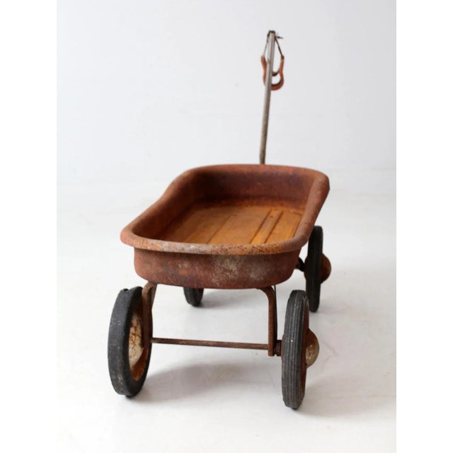 Farmhouse Vintage Red Metal Wagon For Sale - Image 3 of 12
