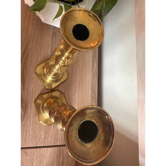 Vintage Solid Brass Octagonal Candlesticks With Swirl Glass Bobeches, Pair For Sale - Image 13 of 13