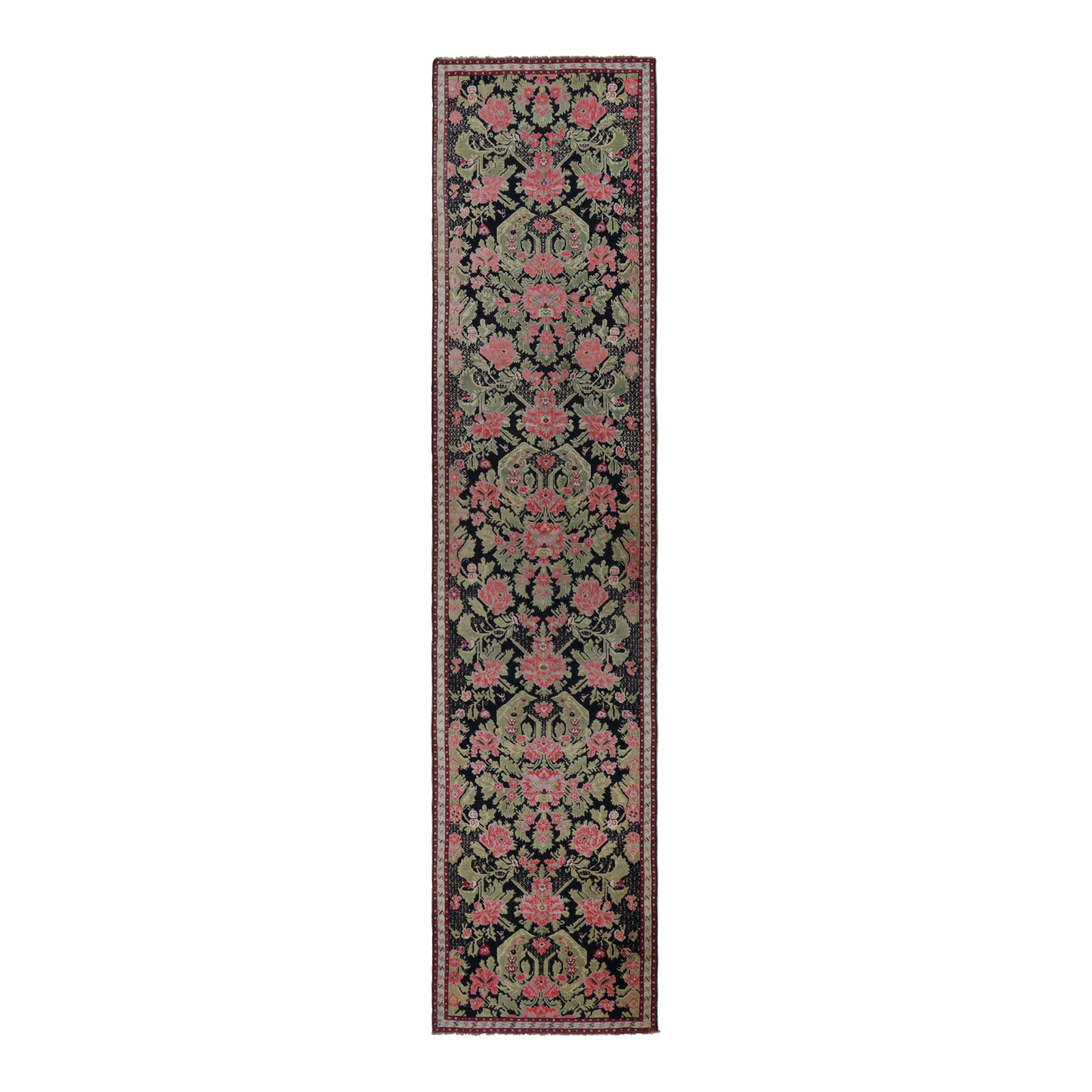 Antique Karabagh Extra-Long Runner Rug in Black With Florals - Rug ...