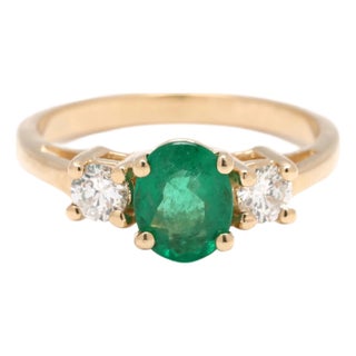 1.46ctw Diamond and Emerald Three Stone Ring, 14k Yellow Gold, Ring Size 6.25 For Sale