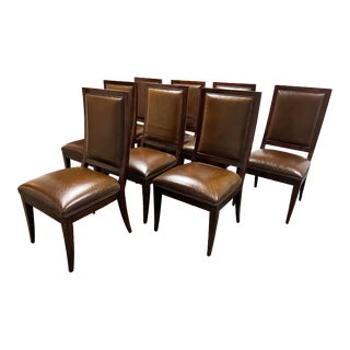 Restoration Hardware Brown Leather + Nailhead Trim Dining Chairs, Set of Eight For Sale