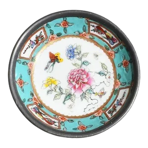 Pewter and Ceramic Famille Rose Chinoiserie Dish With Flowers and Butterflies