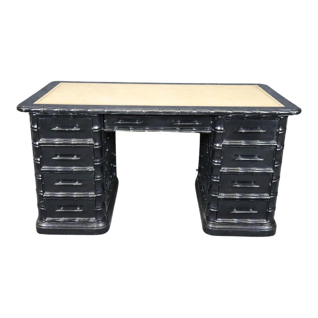 Three Piece Faux Bamboo English Leather Top Executive Desk For Sale