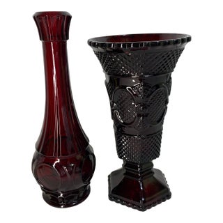 Vintage Avon 1876 Cape Cod Ruby Red Glass Flower Vase and Bud Vase - Pair For Sale