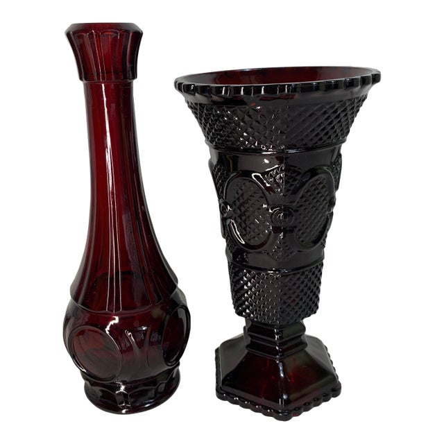 Vintage Avon 1876 Cape Cod Ruby Red Glass Flower Vase and Bud Vase - Pair For Sale