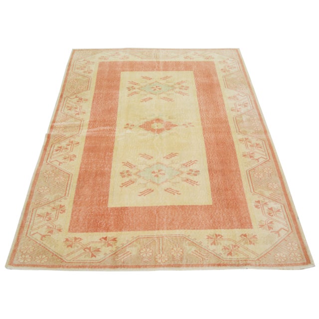 Vintage Turkish Oushak hand knotted rug with natural colors, contemporary style and soft texture.