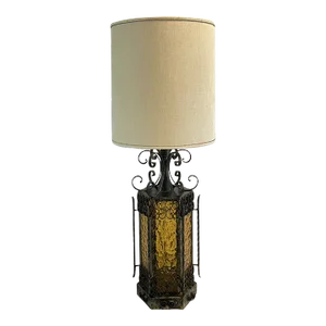 Vintage Amber Glass and Iron Spanish Revival Gothic Table Lamp