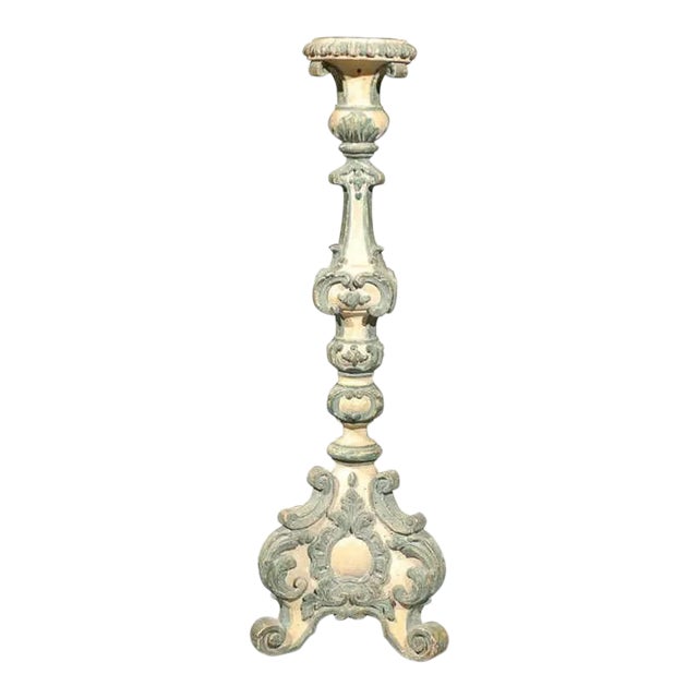18th Century Italian Rococo Single Carved Candlestick, Painted with Blue Accents For Sale