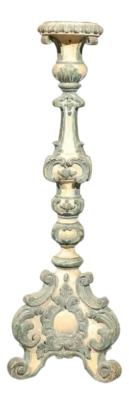 18th Century Italian Rococo Single Carved Candlestick, Painted with Blue Accents