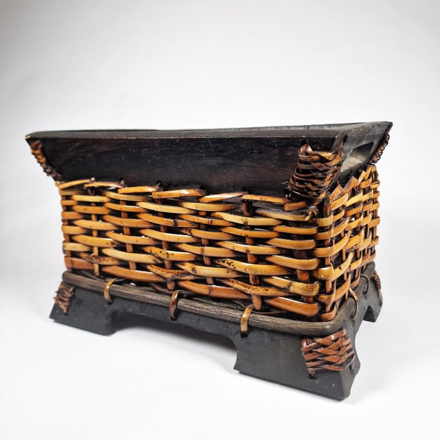 Folk Art Vintage Wood Wicker Rattan Storage Basket Asian Pedestal Magazine Stand Handles For Sale - Image 3 of 7