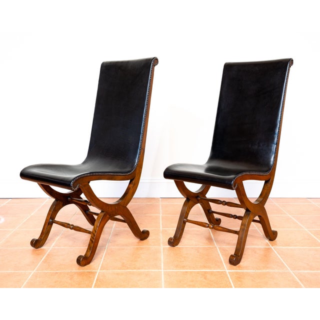 Mid-Century Neo-Classical Spanish Black Leather and Oak Dining Chairs by Pierre Lottier for Valmazan, 1960s, Set of 4 For Sale - Image 9 of 18