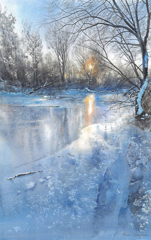Michal Suffczynski, Winter Landscape with Vistula River, 2025, Watercolor