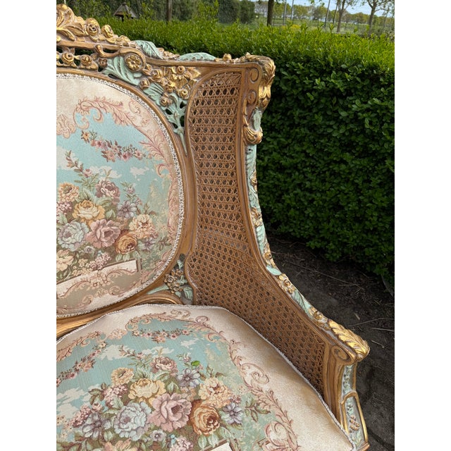 1940 French Louis XVI Pastel Beech Cane Bergères - Pair For Sale - Image 9 of 11