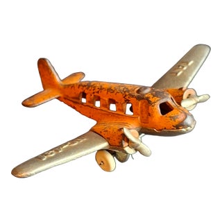 Share Vintage 1930s Hubley Cast Iron Tat Nc-491 Dual Prop Airplane Toy Orange Nickel For Sale