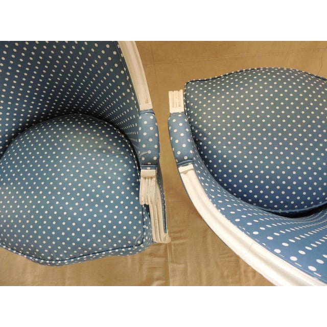 Blue Antique French Louis XVI Style Upholstered Barrel Back Armchairs - A Pair For Sale - Image 8 of 13