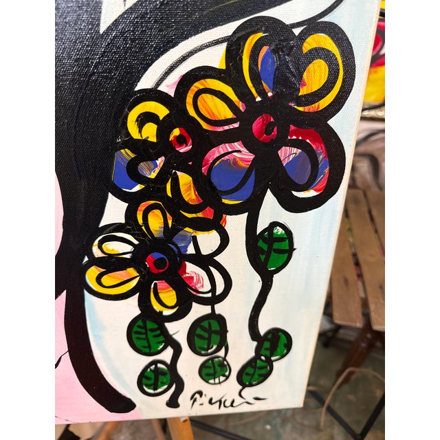 Peter Keil 1970s Peter Keil Original Abstract Woman With Flowers Canvas Painting For Sale - Image 4 of 8