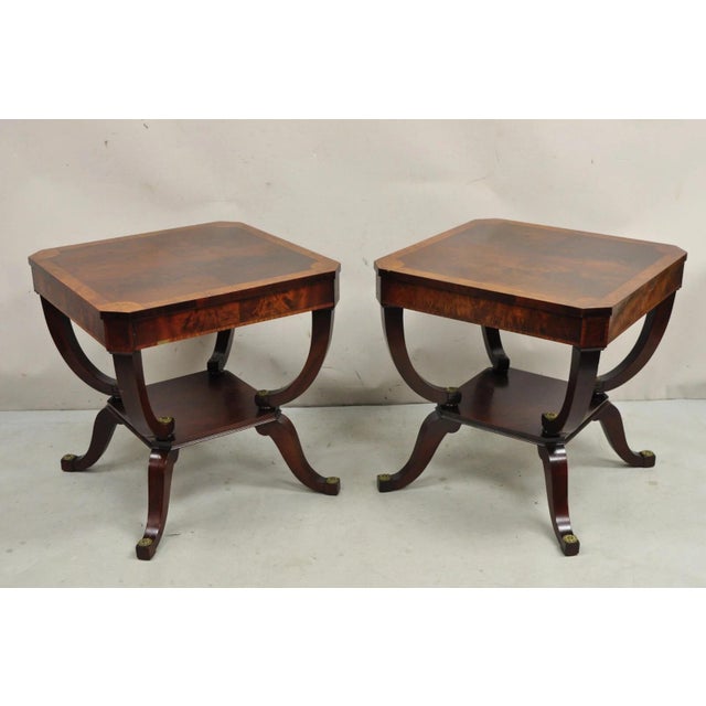 Vintage Regency Style Flamed Mahogany 2 Tier Square End Tables - A Pair For Sale - Image 12 of 12