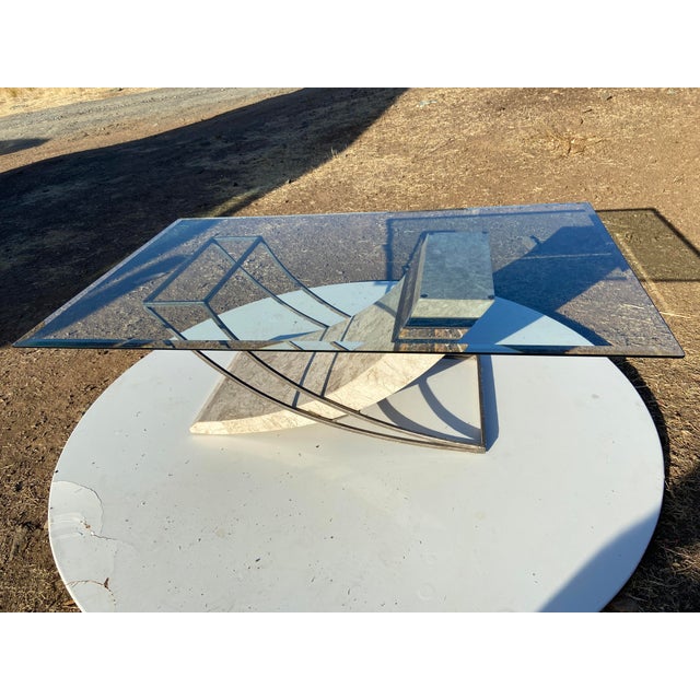 This Vintage Postmodern Tessellated Stone & Glass Sculptural Coffee Cocktail Table in the style of Maitland-smith company...