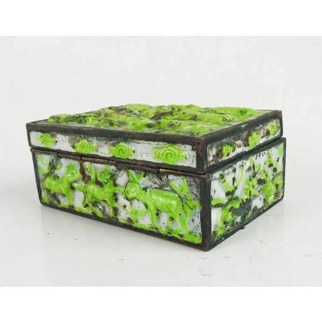 Vintage Lime Green Chinese Repousse Horses Enamel Box and Dish For Sale In Seattle - Image 6 of 11