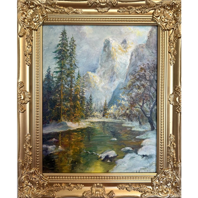 A luminous mountain landscape by artist Andriy Matvieiev, capturing a tranquil alpine lake surrounded by tall evergreens...