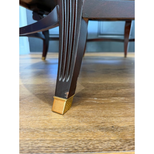 Attributed to Hickory Chair Company Flame Mahogany Round Coffee Table With Brass Sabots For Sale - Image 10 of 12