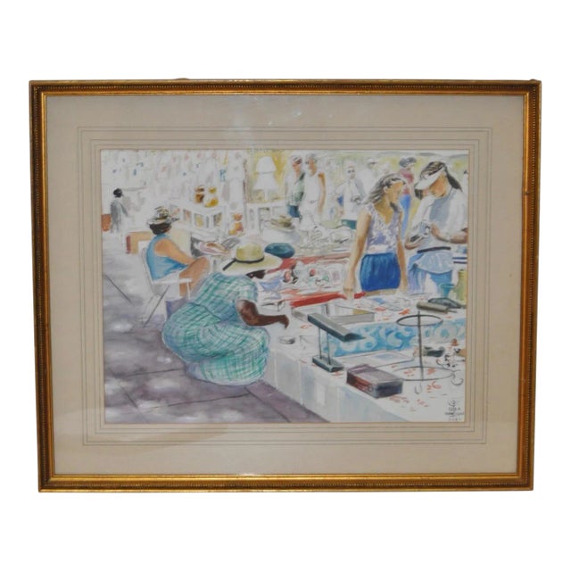 "At The Flea Market" Watercolor Painting c.1997 For Sale
