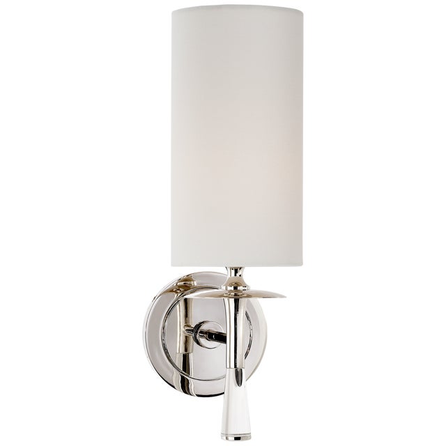 Drunmore Single Sconce in Polished Nickel and Crystal with Linen Shade Designer: AERIN Height: 14.25" Extension: 6.75"...