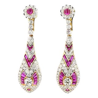 4.78 Carat Round Brilliant Cut Diamond Ruby Gold Earrings, Pair For Sale