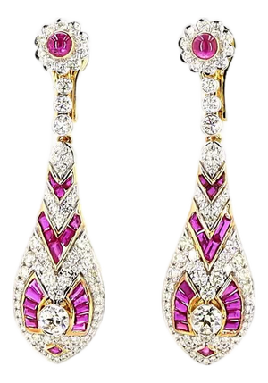 4.78 Carat Round Brilliant Cut Diamond Ruby Gold Earrings, Pair
