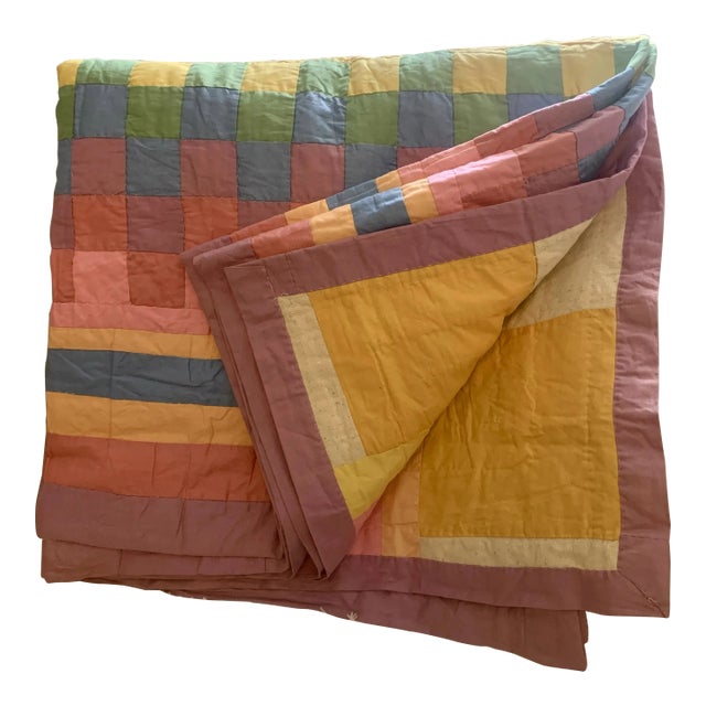 Vintage Hand Stitched Multicolor Square Patches Quilt 89” X 81” For Sale