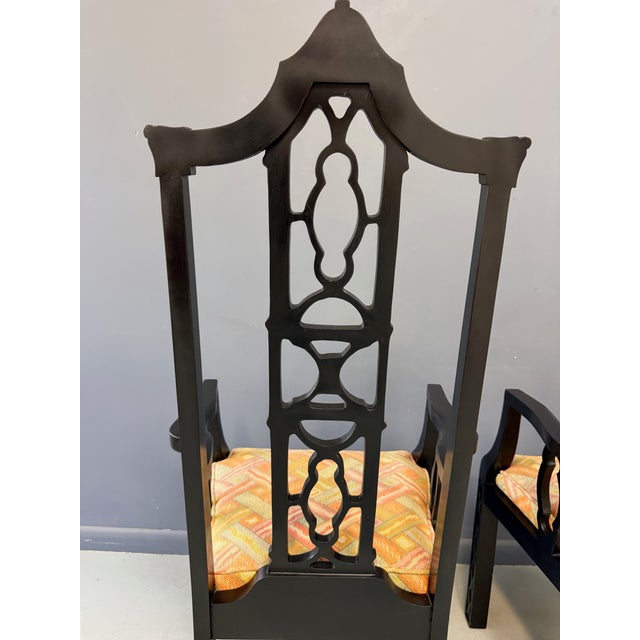 Elegant Pair of 1970s Black Chinoiserie Arm Chairs W/Carved Details Mid Century For Sale In Philadelphia - Image 6 of 11