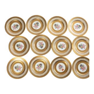 Set of 12 Vintage Hutschenreuther Royal Bavarian Gilt and Floral Plates For Sale