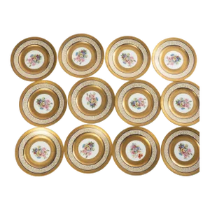 Set of 12 Vintage Hutschenreuther Royal Bavarian Gilt and Floral Plates