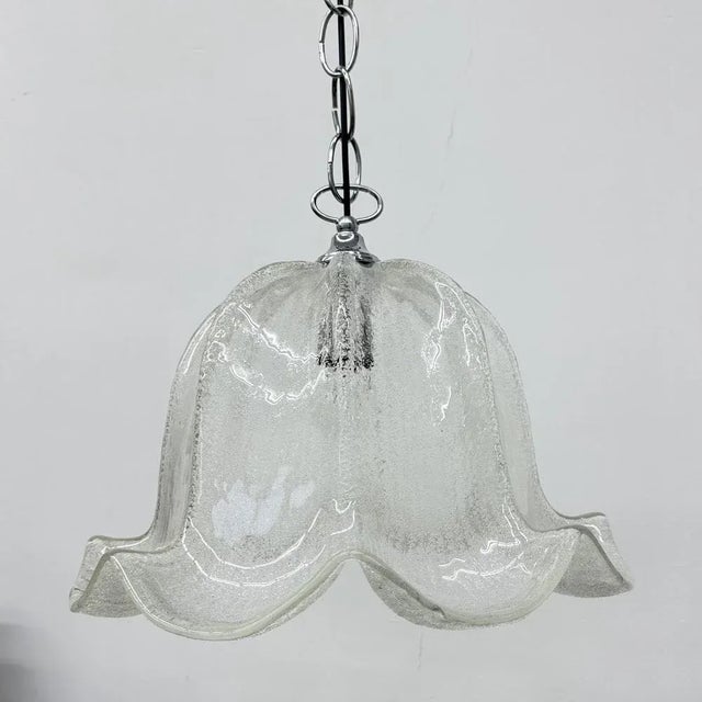 Mid-Century Bell-Shaped Ice Glass and Chrome Pendant Light, 1970s For Sale - Image 17 of 18