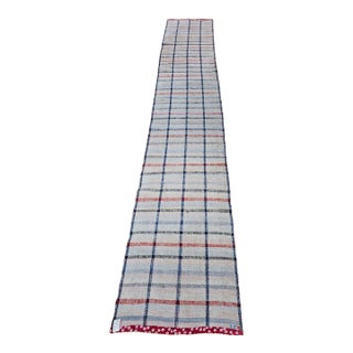 Vintage American Rag Runner, Handwoven Wool & Cotton, Indigo Stripe Pattern, 2x11 For Sale