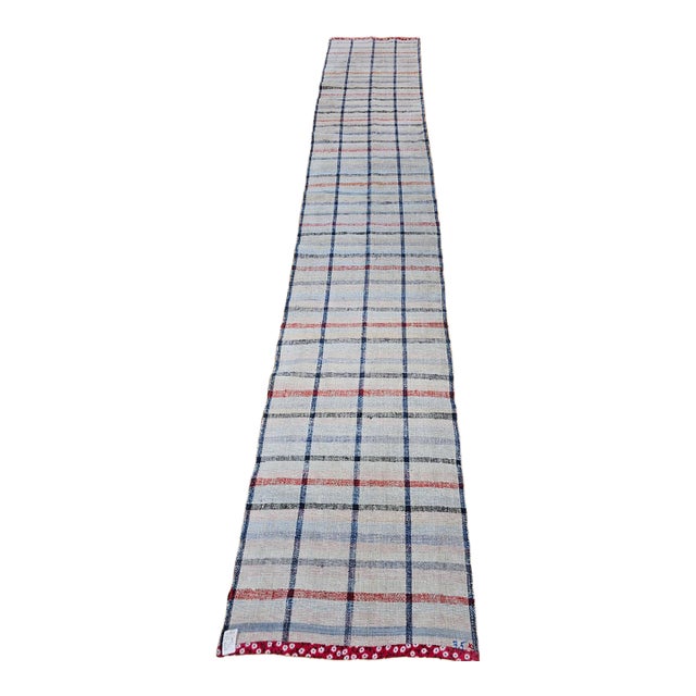 Vintage American Rag Runner, Handwoven Wool & Cotton, Indigo Stripe Pattern, 2x11 For Sale