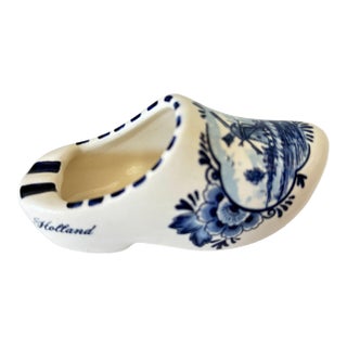 Vintage Delft Blue Ceramic Clog Ashtray, Hand-Painted Windmill Motif, Holland For Sale