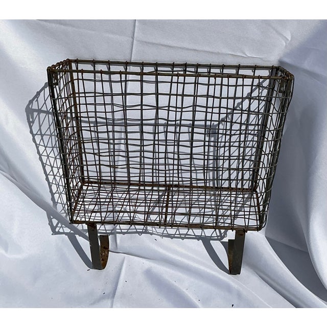 Farmhouse 1930's Large Antique French Wirework Crimped Wire and Metal Wall Pocket Hanging Basket For Sale - Image 3 of 11
