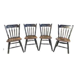 Set of 4 Ethan Allen "Deer & Willow" Hitchcock Chairs – Black & Gold Gilt With Solid Cherry Seats For Sale
