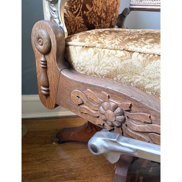 Wood Antique Koken Barbers’ Chair, Upholstered, Hydraulic Pump, Headrest, Footrest, Oak For Sale - Image 7 of 10