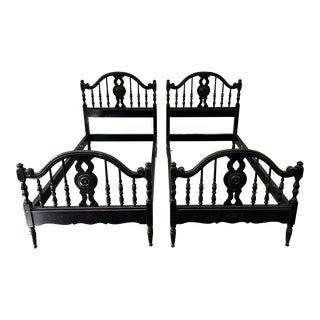 Vintage Painted Black Wood Twin Beds a Pair For Sale
