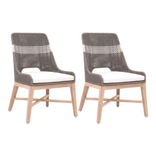 Tapestry Grey Teak Outdoor Dining Chairs, White Speckle Stripe & Dove Rope, Set of 2 For Sale