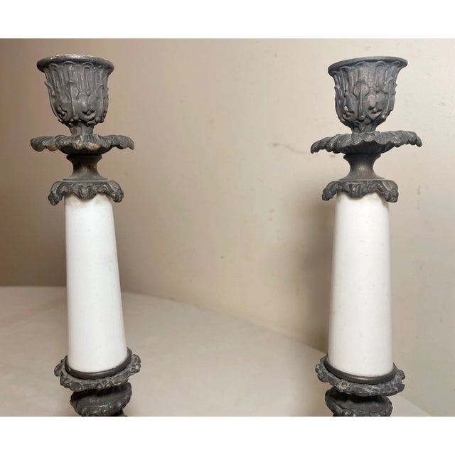 1920s Pair of Antique Bronze Patinated Ornate Porcelain Candlesticks Candle Holders For Sale - Image 5 of 13