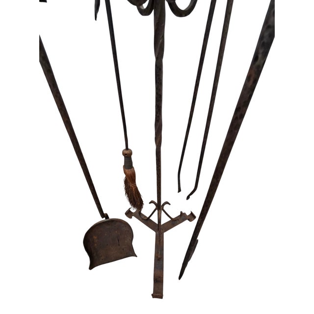 Arts & Crafts Antique Fireplace Tools Set Arts Crafts Artist Made Hand Forged Wrought Iron For Sale - Image 3 of 16
